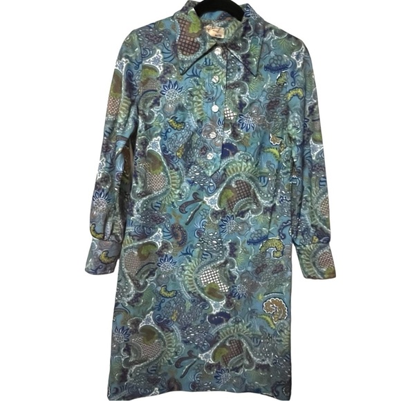 VINTAGE 70S PAISLEY DRESS DAGGER COLLAR BELT BUTTON UP PSYCHECHEDLIC LONG SLEEVE - Picture 5 of 15